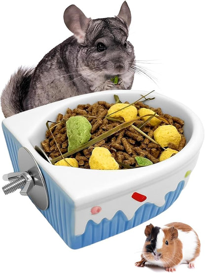 Chinchilla Food Bowl Ceramic Guinea Pig Cage Feeder Hanging Bunny Food Dish Small Animal Feeding Bowls for Syrian Hamster Ferret Gerbils (Blue)