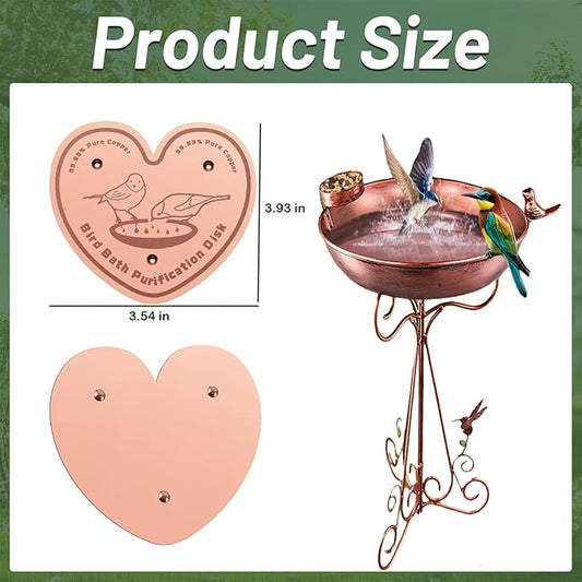 2-Pack 99.99% Pure Copper Bird Bath Purification Disk,Copper Disc with Stable Triple-Point Support,Fits All Outdoor Bird Baths(Heart-Shaped)