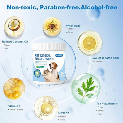 Dog Dental Finger Wipes, Teeth Cleaning Wipes for Dogs & Cats, Remove Plaque Tartar Stains, Freshen Breath, No-Rinse Toothbrush Alternative, Cat Dental Care Formula, Toothbrush-Like Texture, 50 Count