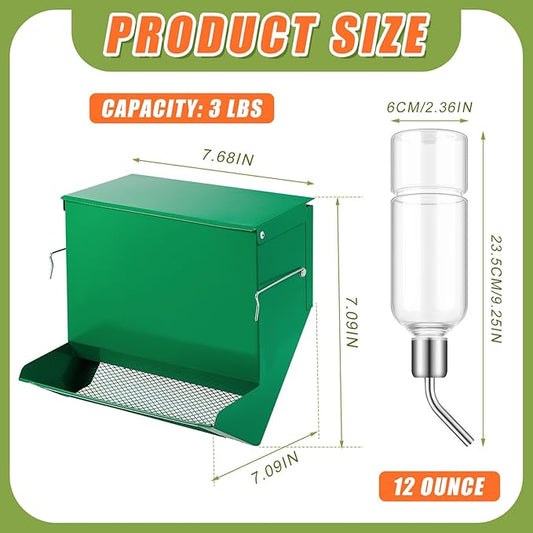 Maxcheck 2 Pack Rabbit Feeder and 12 oz Water Bottle for Cages Pet Food Water Dispenser with Lid Metal Feeders Outside for Guinea Pig Hamsters Chinchillas Gerbils and Other Small Animals (3 Lbs)