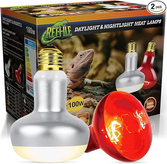 Reptile Heat Lamp Bulb 100W, 2-in-1 Day & Night Combo, Infrared Heat Lamp & UVA Sunlight Heating Lamp for Reptile Terrariums