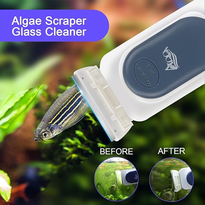 AQQA Aquarium Strong Magnetic Cleaner Brush, Fish Tank Glass Algae Magnet Cleaning Tool Floating Cleaner Scrubber Brush with 2 Detachable Scraper (Blue,S)