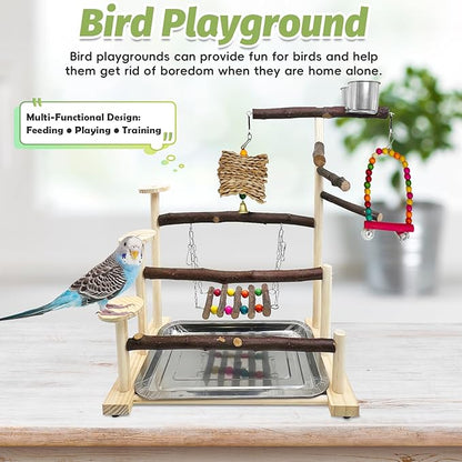PINVNBY Bird Playground 9 PCS Parrot Perch Stand Play Gym Cockatiel Wood Bird Toys Birds Cage Accessories Playpen with Feeder Cups Hanging Swing Toys for Parakeet Conure Lovebird Cockatiel