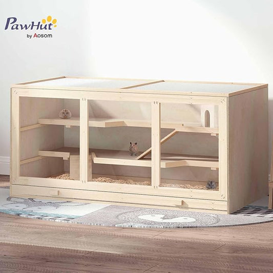 PawHut 45" Extra Large Wooden Hamster Cage, 3-Layer Chewproof Rat Cage with Opening Roof, Hut, Ramps, for Gerbil, Dwarf & Syrian Hamsters, Natural