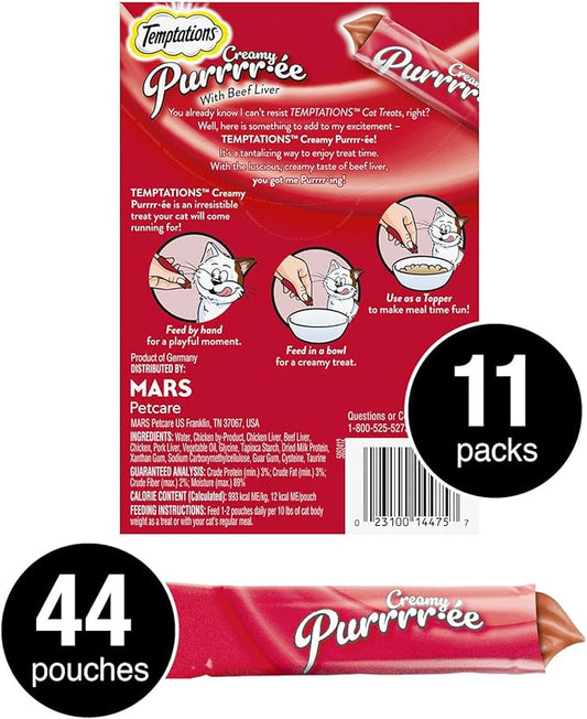 Temptations Creamy Puree Squeezable Lickable Wet Cat Treats with Beef Liver, 0.42 oz. Tubes, 4 Count, Pack of 11 (44 Total)