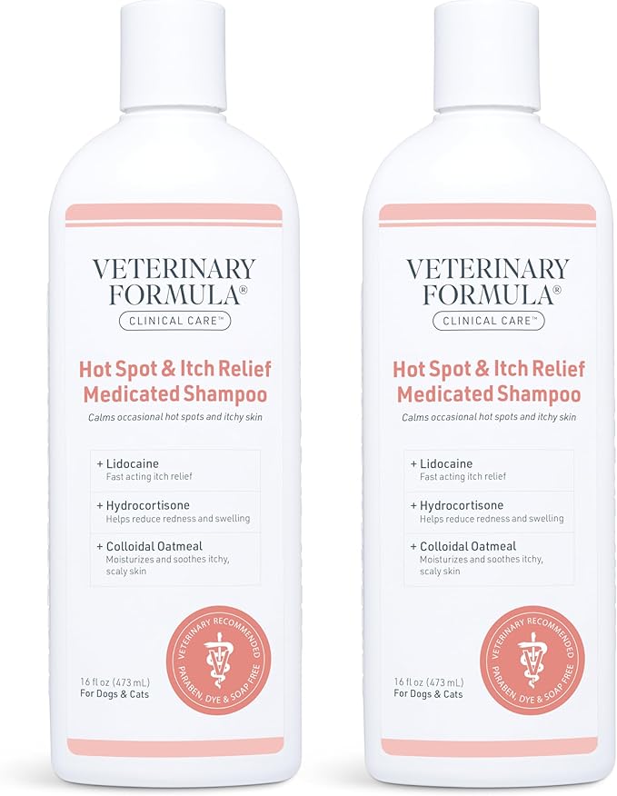 Veterinary Formula Clinical Care Hot Spot & Itch Relief Medicated Shampoo for Dogs and Cats 16 Fl Oz – Helps Alleviate Sensitive Skin, Scratching, and Licking of Coat (2 Pack)