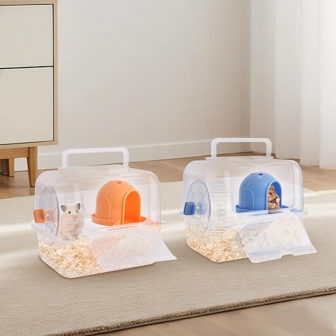 Portable Hamster Travel Carrier Cage,Outdoor Small Pets Breathable Cage,Multifunctional Guinea Pig Carrier with Water Bottles, Running Wheels, Ladders, Dodge Houses and Feeders (Orange, Style B)