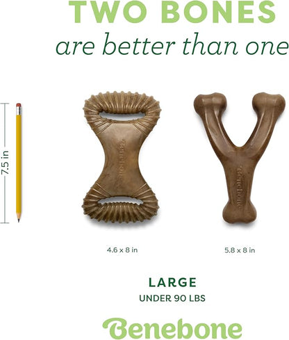 Benebone 2-Pack Wishbone/Dental Durable Dog Chew Toys, Real Bacon, Made in USA, Large