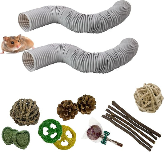 2 PCS Hamster Fun Plastic Tunnels,Hamster Collapsible Plastic Tube, Cage Tunnels with Chew Toy,Training Hideout for Guinea Pigs Guinea Pigs, Chinchillas, Rats, Gerbils (Grey)
