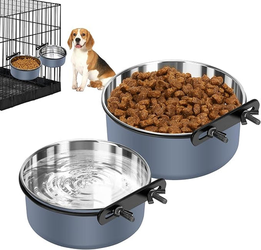 Dog Kennel Bowls for Crates, Hanging Dog Crate Water Bowls No Spill, 2 Pack Kennel Food Water Bowl Mountable Cage Accessories, Stainless Steel Pet Dish Feeder Coop Cup for Cat Puppy Bunny Bird Ferret