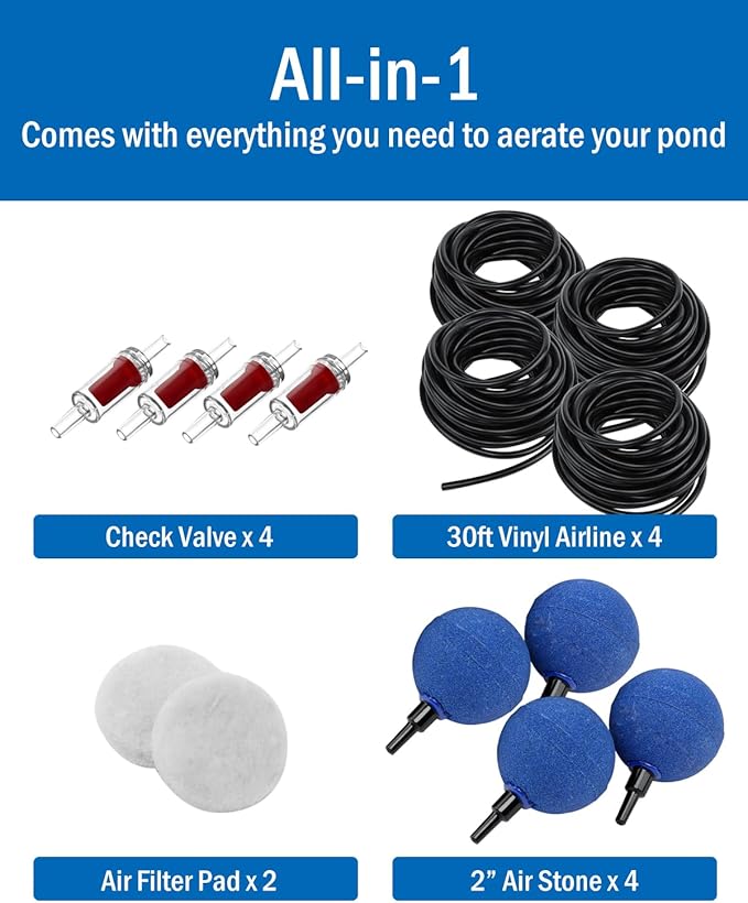 AquaMiracle All-in-One Koi Pond Aerator for Outdoor Ponds up to 2000 Gallons, Pond Air Pump Pond Aeration System with 4-Outlet Airline Tubing Air Stones Check Valves