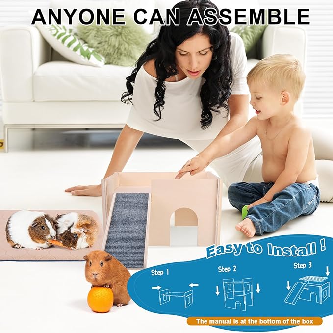 PAWCHIE Wooden Guinea Pig Hideout with Pee Pad Set, Detachable Small Animal House Bed Hut Habitats with Stairs and Windows, Bunny Hideout Castle for Indoor Hamsters Chinchilla Gerbil Playing Hiding