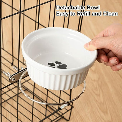 Rabbit Hanging Ceramic Bowl, Removable Cage Feeder Thick Ceramic Bowl with Stainless Steel Support Ring Pet Water Food Bowl for Small Animal Chinchilla Ferret Small Dog & Cat (4.92 * 1.97”) (Black)