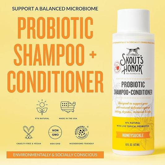 Skout's Honor Probiotic Dog Shampoo & Conditioner with Avocado Oil & Omega-3s, 97% Natural, Paraben & Sulfate-Free, Cruelty-Free, 16oz, Honeysuckle