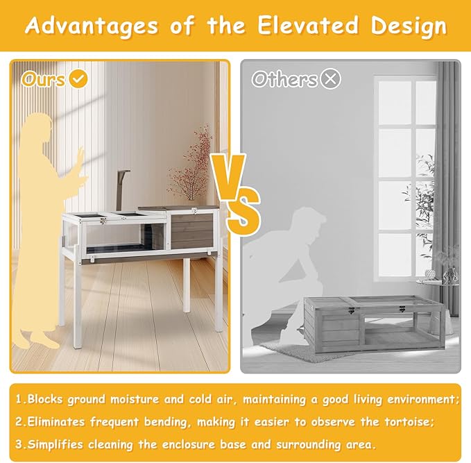 Tortoise Habitat Wooden Tortoise House, Indoor Turtle Enclosure Outdoor Reptile Cage with Removable Bottom, Light Support, Openable Roof (Tall Tortoise Habitat, Leakproof Tray)