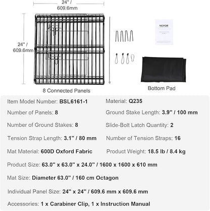 VEVOR Foldable Metal Dog Exercise Pen, Pet Playpen Dog Fence for Camping with Bottom Pad, 24" H 8 Panels, Puppy Crate Kennel Indoor Outdoor for Small & Medium Dogs, Both for Home & Yard Use