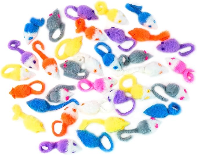 CHIWAVA 36PCS 1.8" Candy Color Furry Mice Cat Toy Rattle Mouse Kitten Interactive Toy Assorted Color