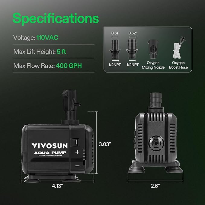 VIVOSUN 400GPH Submersible Pump(1500L/H, 15W), Ultra Quiet Water Pump with 5.2ft High Lift, Fountain Pump with 5ft Power Cord, 3 Nozzles for Fish Tank, Pond, Aquarium, Statuary, Hydroponics