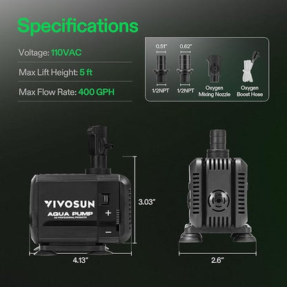 VIVOSUN 400GPH Submersible Pump(1500L/H, 15W), Ultra Quiet Water Pump with 5.2ft High Lift, Fountain Pump with 5ft Power Cord, 3 Nozzles for Fish Tank, Pond, Aquarium, Statuary, Hydroponics