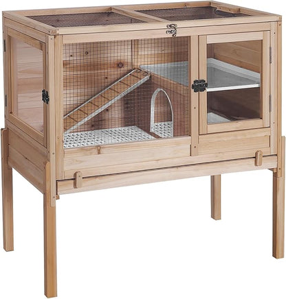 GUTINNEEN Guinea Pig Cages with Anti Chewing Sturdy Plastic Floor and Cool Zinc Plate, Indoor Rabbit Hutch with Hideout and PVC Platform, Elevated Legs Hamster Cage 36.6" L (Nature)