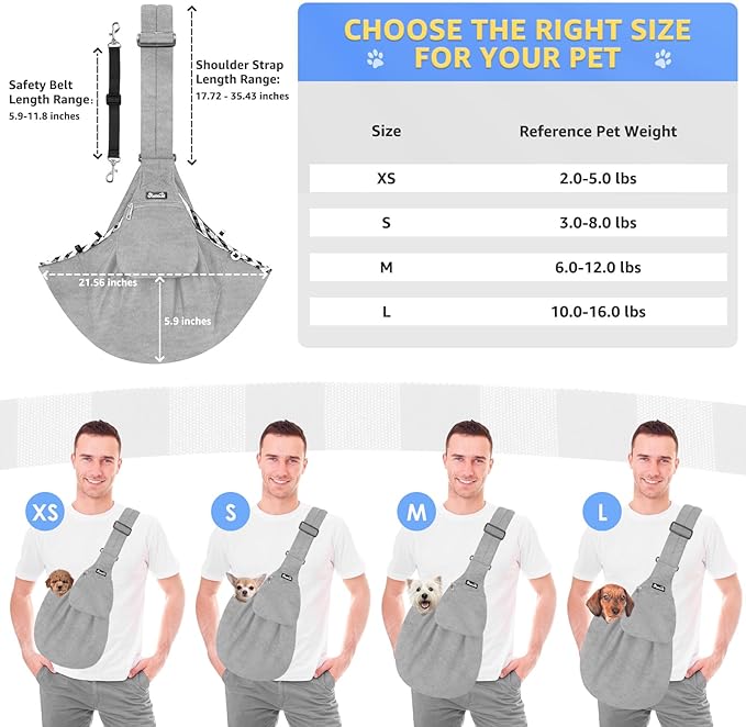 Lukovee Pet Sling, Hand Free Dog Sling Carrier Adjustable Padded Strap Tote Bag, Shoulder Bag with Safety Belt & Front Pocket for Small Dog Cat Puppy (Grey-WY,M)