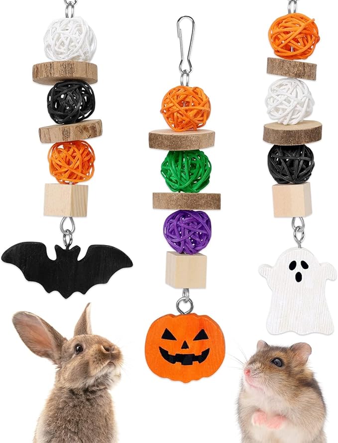 Xylolfsty 3PCS Chinchilla Toys Guinea Pig Bunny Rabbit Chew Toys Teeth Care Grinding Accessories for Small Animals Dwarf Pet Rat Cage Hanging Halloween-Themed