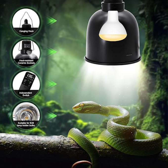5.5" Deep Dome Reptile Lamp Fixture with Thermostat Timer & Dual Controls, Heat-Resistant Ceramic Bulb Holder for Bearded Dragons, Snakes, Turtles & Geckos