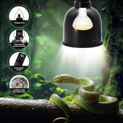 5.5" Deep Dome Reptile Lamp Fixture with Thermostat Timer & Dual Controls, Heat-Resistant Ceramic Bulb Holder for Bearded Dragons, Snakes, Turtles & Geckos