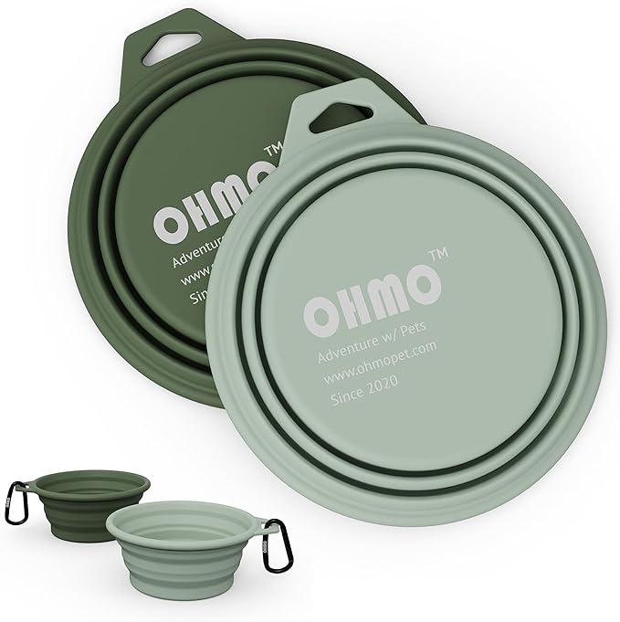OHMO Collapsible Dog Bowl(2 Pack, Camo&Light Green 12oz/400ml) Premium Silicone Pet Water Bowls for Cats & Dogs, Portable Dog Travel Bowls Foldable for Outdoor Camping Hiking