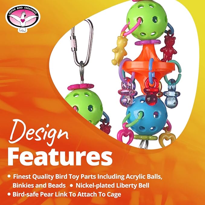 Super Bird Creations SB1083 Binky Bop Bird Toy - Engaging Enrichment Toy for Parrotlets, Parakeets, Cockatiels Toys, Small Plastic Bird Toys with Charms, Ideal for Medium Bird Size, 7.5" x 1.5"