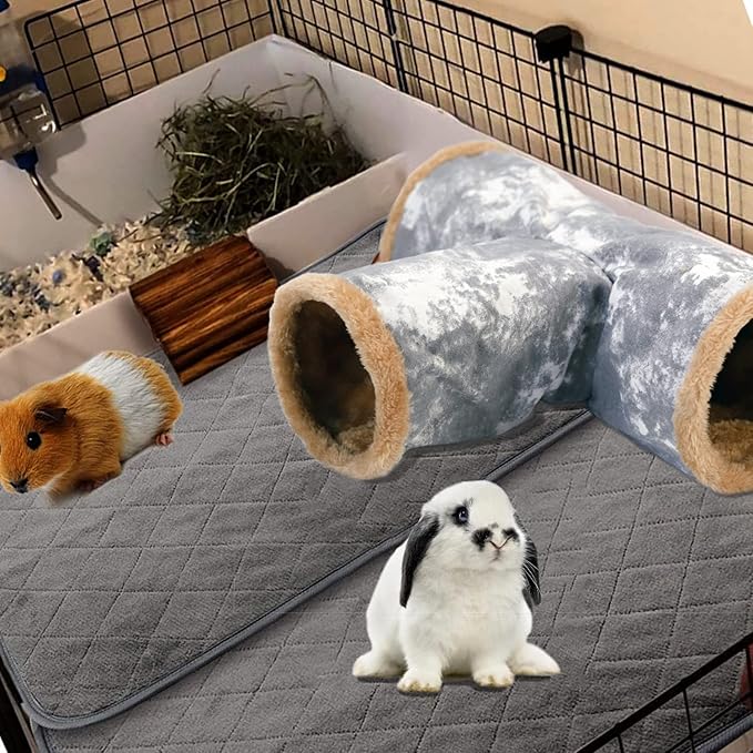 LeerKing Guinea Pig Tunnel 3 Way, Small Animal Hideout Toy Washable Canvas Fleece Tube Play Tunnel for Rats Ferret Bunny Gerbil Sugar Glider Chinchilla, Grey L