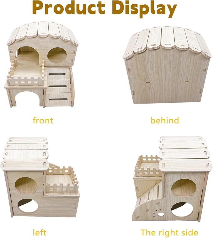 Hamster Wood House Wooden Hamster Hideout Maze Double-Decker Huts with Climbing Ladder for Syrian Dwarf Gerbil Mouse