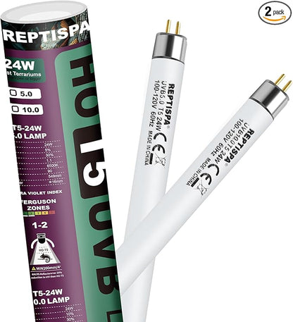 5.0 UVB Light for Reptiles, T5 HO 24 Watt Reptile Lamp Tube, Pack of 2 Fluorescent UVB Bulb, Basking Light for Bearded Dragon, Simulate Natural Sunlight for Reptiles and Amphibians