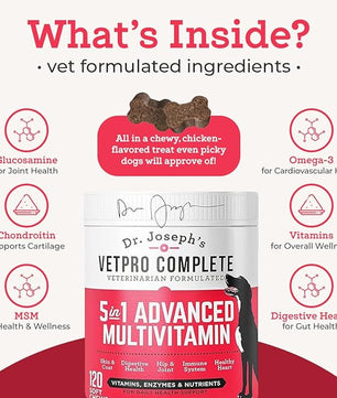 Dr. Joseph's VetPro Complete Multivitamin Dog Supplement, 120 Count (Large Dog 60 Day Supply), 5in1 Chew with Vitamins, Enzymes & Nutrients, Hip & Joint Health, Immune System & Allergy Support