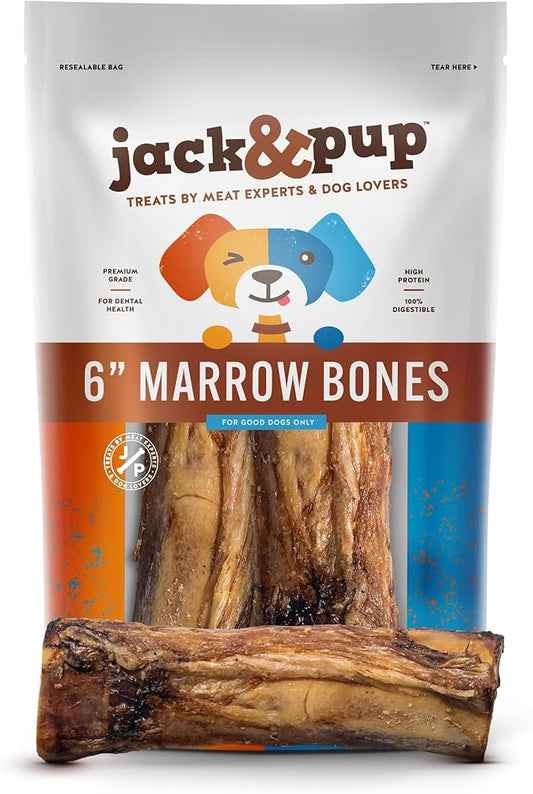 Jack&Pup Marrow Bones for Dogs, Long Lasting Dog Bones for Large Dogs, 6" Marrow Bone, Natural Beef Bone (2 Pack)