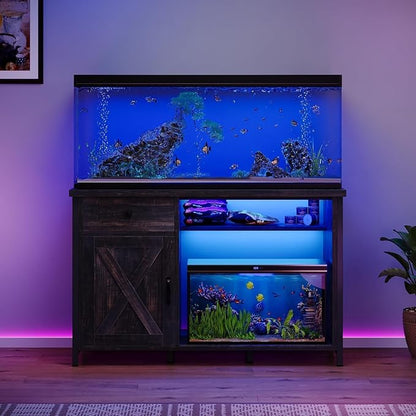 4ever2buy 55-75 Gallon Fish Tank Stand with Power Outlets, LED Light, Heavy Duty Aquarium Stand with Cabinet for Fish Tank Accessories Storage, for Turtle Tank, Reptile Terrarium, 1100LBS, Oak
