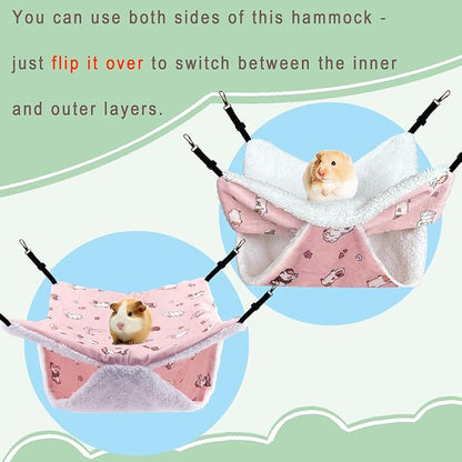 LUCKITTY Small Pet Hammock & Tunnel Set for Ferrets, Guinea Pigs, Rats - Plush Hideout Bed & Cage Toy, 2-Pack, Pink Guinea Pig Print