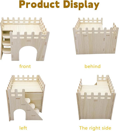 Hamster Wooden House Hamster Hideout Hut Maze Cage Accessories with Ladder and Platform for Syrian Hamsters Dwarf Gerbil Mouse