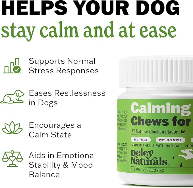 Deley Naturals Calming Chews for Dogs - Anxiety Relief Treats - Hemp Chews for Separation, Travel & Vet Visit - Dog Calming Chews and Relaxation Bites for Fireworks, Thunderstorms & Restless Behavior