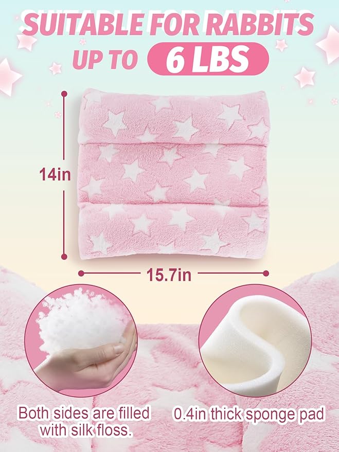 MEWTOGO 15.7x14in Rabbit Bed - Thickened Soft Bunny Concave Bed, Cuddle Cushion Plush Mat with Cotton Lounger Pillows for Cage Sleeping Indoor Bunny Gifts, Pink-Star