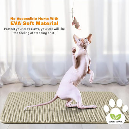 Waterproof Cat Litter Mat, Double Layer EVA, Odor-Free Large Grid, Urine Proof, Easy Cleanup (Khaki, 18 x 24)