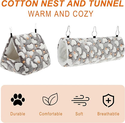 Ferret Hammock, Small Pet Cage Accessories, Ferret Bed, Pet Cage Hammock Hanging Tunnel and Bed Hideout Set for Hamster Squirrel Rabbit, Brown, 3Pcs