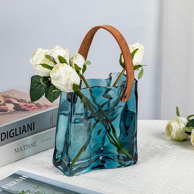 Glass Purse Vase for Flowers Deep Sea Blue Vases for Centerpieces Glass Bag Vase with Leather Handle Small Bag Vases for Decor Decorative Fish Bowl for Home Wedding Decor