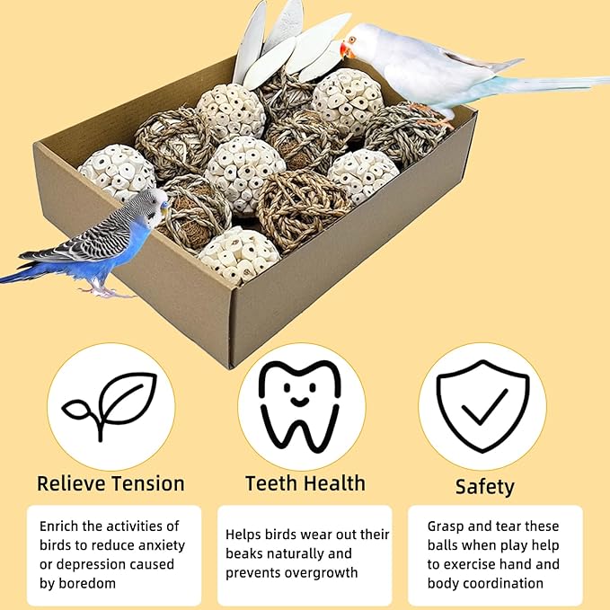 Bird Toys Sola Balls Parakeet Toys Natural Soft Chew Grass Balls with Cuttlebone for Parrots Conures Rabbits Hamster Guinea Pig Chinchilla(Style 2, 18 PCS)