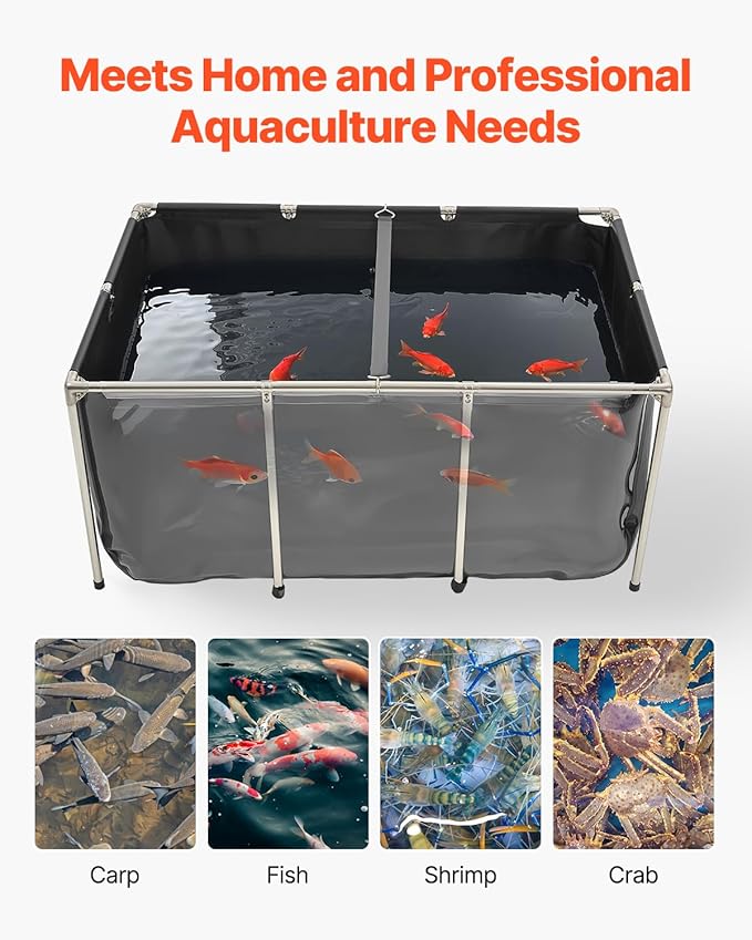VEVOR Canvas Fish Pond, 270 Gal Above Ground Fish Pond, PVC Koi Tank with Clear Viewing Panel, Rectangular Goldfish Tank with Stainless Steel Frame & Drain Valve, for Breeding Koi, Irrigation(Black)