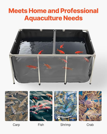 VEVOR Canvas Fish Pond, 270 Gal Above Ground Fish Pond, PVC Koi Tank with Clear Viewing Panel, Rectangular Goldfish Tank with Stainless Steel Frame & Drain Valve, for Breeding Koi, Irrigation(Black)
