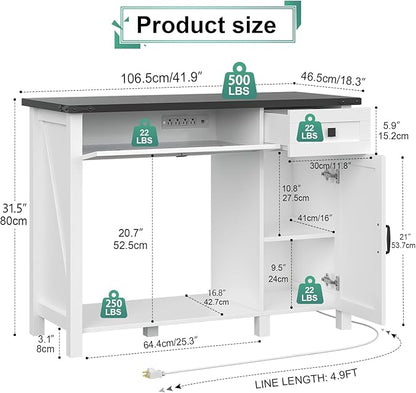 40 Gallon Aquarium Stand With Charging Station, Farmhouse Fish Tank Stand, Reptile Tank Stand Terrarium Stand with Drawer and Cabinet Storage, Sturdy Heavy Duty 41.9"×18.3" Tabletop - White