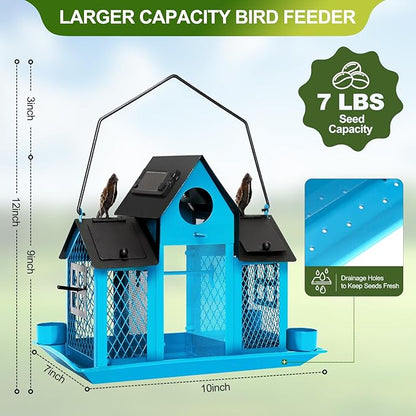 Solar Bird Feeders House for Outdoors Hanging, 7LBS Large Capacity Metal Wild Bird Feeder Squirrel Proof for Outside with Water Cup, Cardinal Birdfeeder Birdhouses Gift for Bird Lovers (Blue)