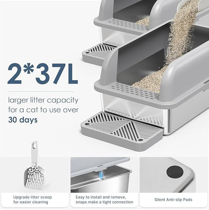 2 Pack XL Stainless Steel Litter Box Enclosure with Lid, Stainless Steel Cat Litter Pan for Big Cats, Large Metal Litter Box with Anti-Leakage High Wall, Non-Sticky Easy Cleaning Cat Litter Tray