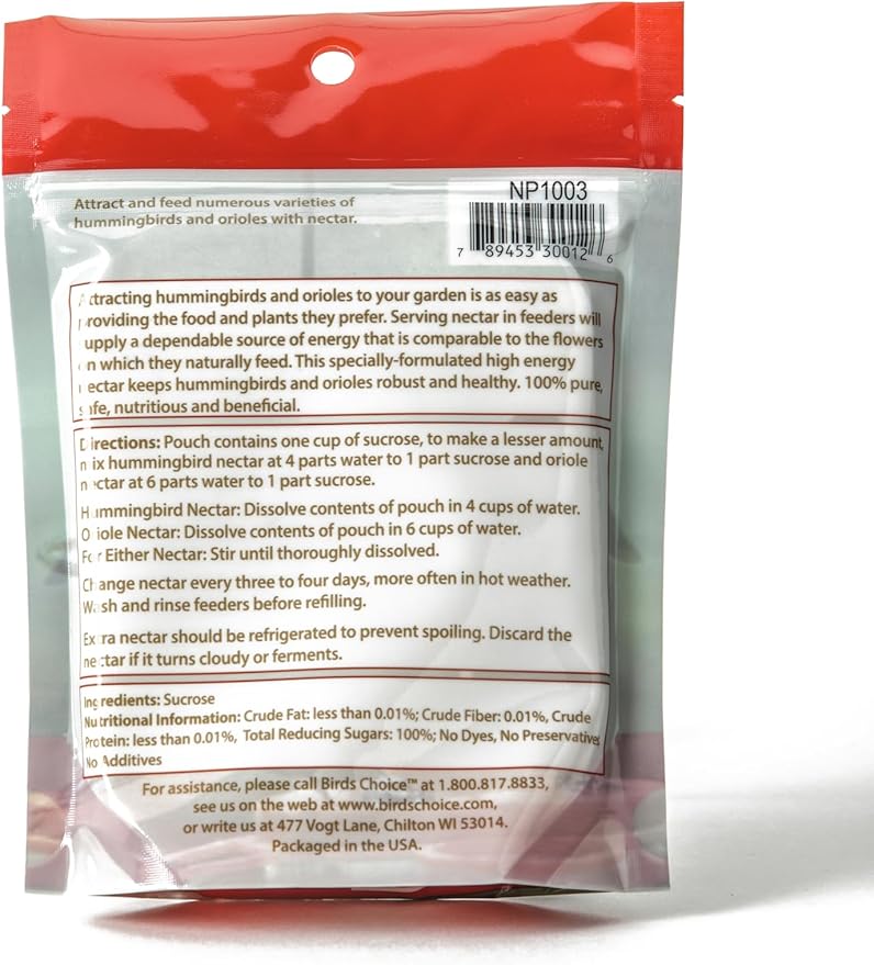 Birds Choice Hummingbird & Oriole Nectar | Pure & Healthy Sucrose Nectar for Birds | Easy Mix Concentrate | Natural Flower Sugar Alternative, No Additives | Safe for Feeders | 8 oz Resealable Pouch